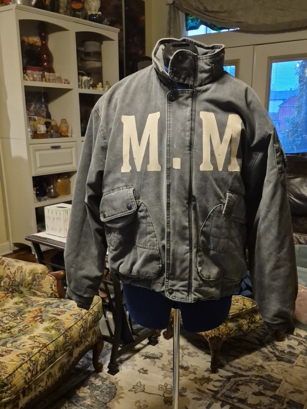 vintage military-inspired denim deck bomber jacket rustic Mens Full Zip sz.M.
